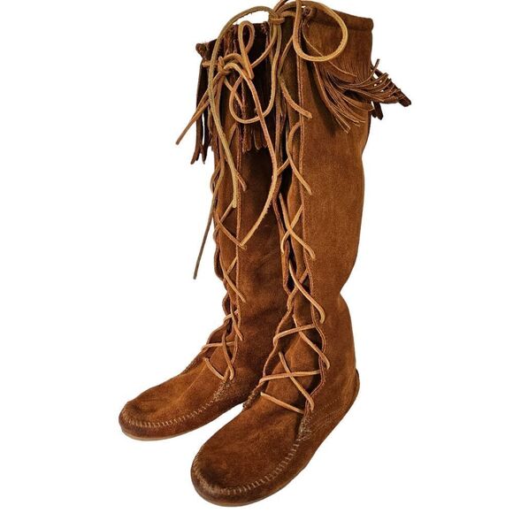 Minnetonka Brown Lace Front Knee High Suede Fringe Moccasins Festival Boots Sz 7 - Picture 2 of 11